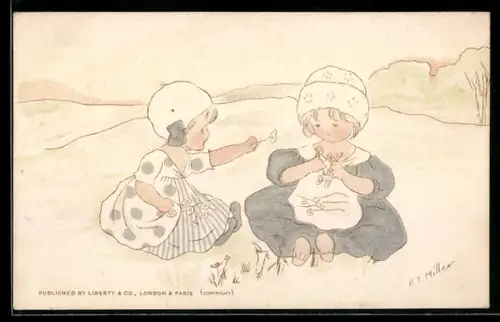 Künstler-AK sign. H.T. Miller: Zwei Kinder sitzen auf einer Wiese und spielen mit Blumen