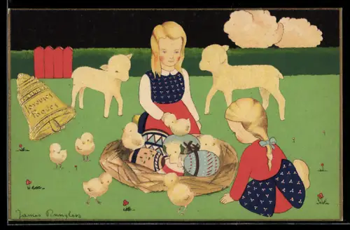 Künstler-AK sign. James Pennyless: Zwei Kinder sitzen mit Schafen und Küken auf einer Wiese, neben ihnen eine Glocke