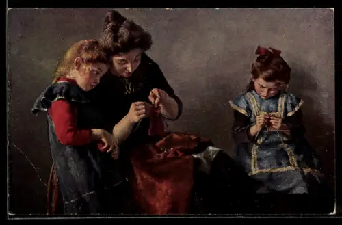 Künstler-AK sign. Max Arenz: Dame unterrichtet ihre Töchter im Stricken