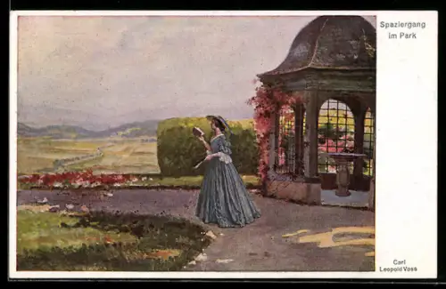 Künstler-AK sign. Carl Leopold Voss: Spaziergang im Park, hübsche Frau neben einem Pavillon