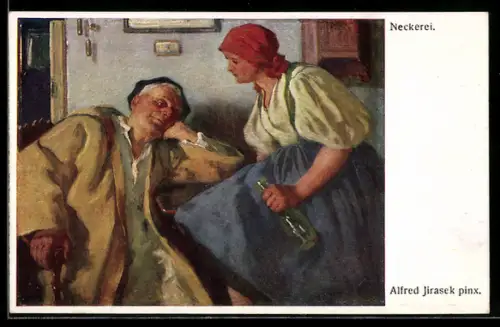 Künstler-AK sign. Alfred Jirasek: Frau mit einer Flasche sitzt neben einem alten Mann, Neckerei
