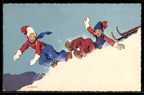 Künstler-AK sign. E. Martin: Zwei Kinder fallen vom Schlitten