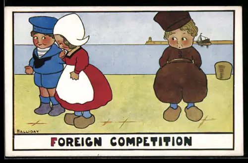 Künstler-AK sign. Halliday: Drei Kinder stehen am Hafen