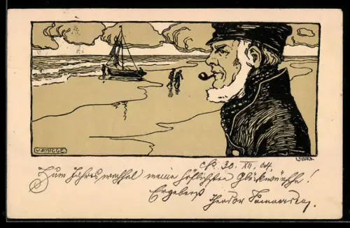 Künstler-AK sign. E. Nister: Alter Mann mit Pfeife sieht auf die See hinaus