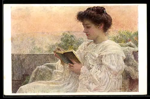 Künstler-AK sign. V. Bukovac: Hübsche Frau liest einen Roman