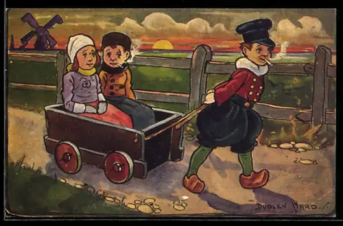 Künstler-AK sign. Dudley Ward: Junge mit Zigarette zieht einen Karren mit zwei Kindern