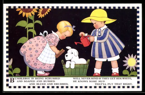 Künstler-AK sign. May Smith: Kinder giessen einen Hund in einem Waschtrog