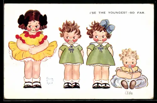 Künstler-AK sign. Freda Mabel Rose: Vier Kinder unterschiedlichen Alters nebeneinander