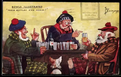 Künstler-AK sign. Fred Buchanan: Drei alte Herren beim Trinken in einer Kneipe