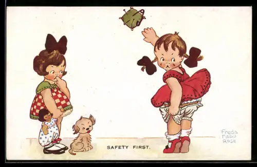 Künstler-AK sign. Freda Mabel Rose: Zwei Kinder mit einer Puppe und einem Hund