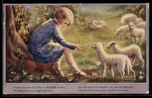 Künstler-AK sign. Marjorie M. Dexter: Junges Kind unter einem Baum trifft auf Schafe