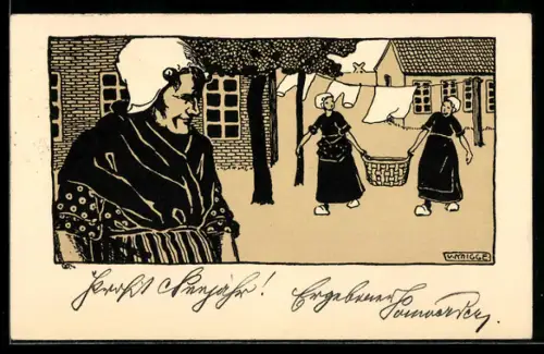 Künstler-AK sign. V. Knigge: Hausfrauen bei der Wäschearbeit