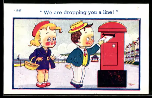Künstler-AK sign. Trow: Zwei Kinder werfen einen Brief in einen Postkasten