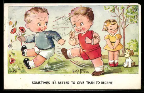Künstler-AK sign. Kit Forres: Ein Kind tritt ein anderes in den Hintern