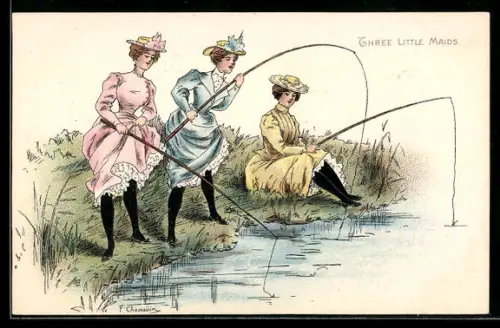 Künstler-AK sign. F. Chamouin: Drei elegante Damen beim Angeln