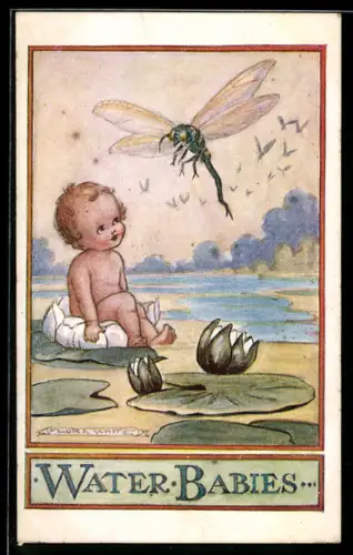Künstler-AK sign. Flora White: Water babies, Baby next to a giant firefly