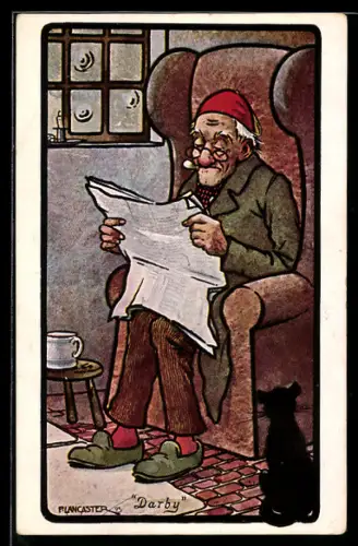 Künstler-AK sign. P. Lancaster: Alter Mann liest Zeitung und wird von einer Katze beobachtet