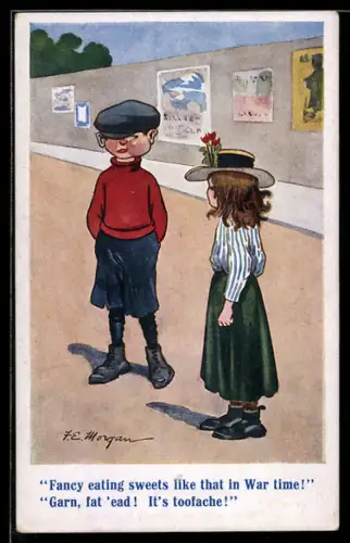 Künstler-AK sign. J. E. Morgan: Junge und Mädchen treffen sich auf einer Strasse