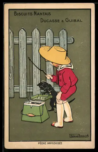 Künstler-AK sign. Thomas Barwick: Kind und Katze fischen in einem Korb