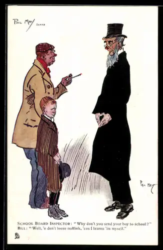 Künstler-AK sign. Phil May: Mann mit Zylinder steht einem Mann mit seinem Sohn gegenüber