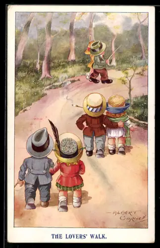 Künstler-AK sign. Albert Carnell: Paare laufen eine Strasse entlang, The Lovers` Walk