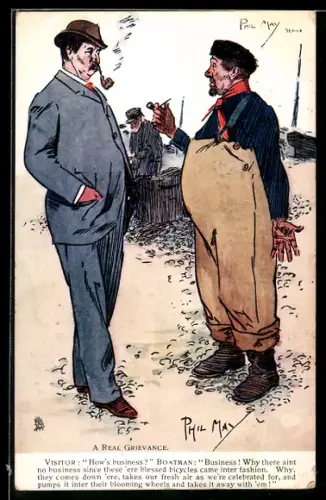 Künstler-AK sign. Phil May: Zwei Männer mit Pfeife unterhalten sich