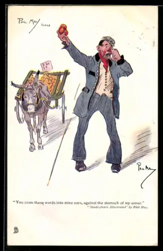 Künstler-AK sign. Phil May: Obstverkäufer neben seinem Karren mit Esel