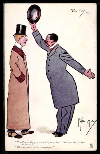 Künstler-AK sign. Phil May: Zwei Gentlemen mit Zylinder und Mantel unterhalten sich