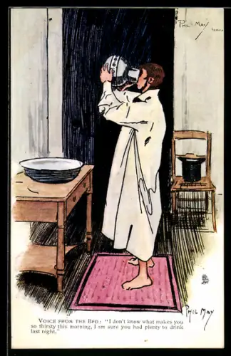 Künstler-AK sign. Phil May: Mann im Schlafanzug trinkt aus einer Vase