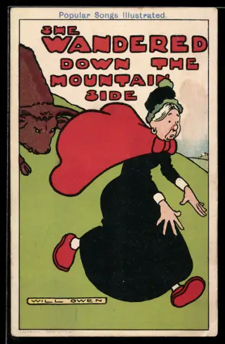 Künstler-AK sign. Will Owen: Alte Dame läuft vor einer Kuh davon