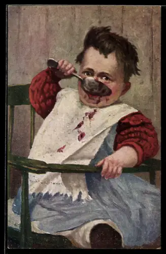 Künstler-AK sign. F. Körwan: Kleines Kind bekleckert sich beim Essen