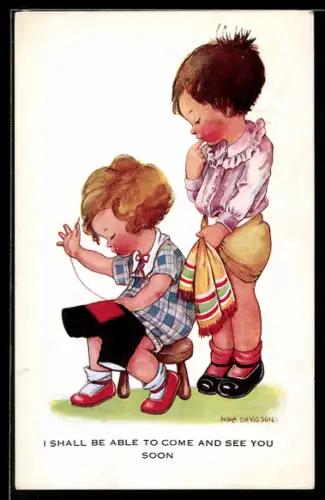 Künstler-AK sign. Nora Davidson: Zwei Kinder beim Nähen