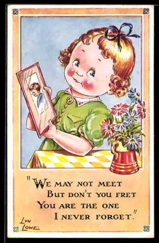 Künstler-AK sign. Lyn Lowe: Junges Kind mit Portrait eines anderen Kindes und Blumenvase auf dem Tisch