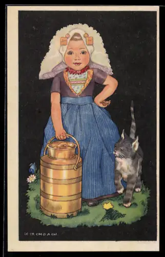 Künstler-AK sign. Kirchbach: Mädchen in Tracht und Milcheimer mit einer niedlichen Katze