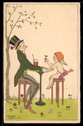Künstler-AK sign. Friddie Langeier: Gentleman sitzt mit Amor an einem Tisch