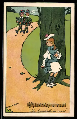 Künstler-AK sign. Hamish Duncan: Frau versteckt sich hinter einem Baum vor zwei Männern im Kilt