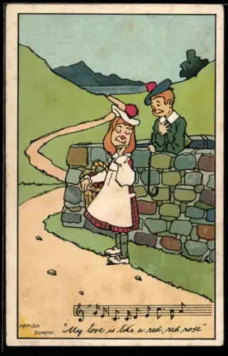 Künstler-AK sign. Hamish Duncan: Mädchen und Junge mit Schottenmütze stehen an einer Mauer