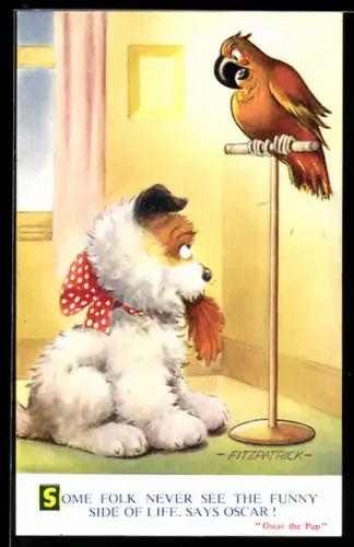 Künstler-AK sign. Fitzpatrick: Hund mit Federn im Mund steht vor einem Papagei