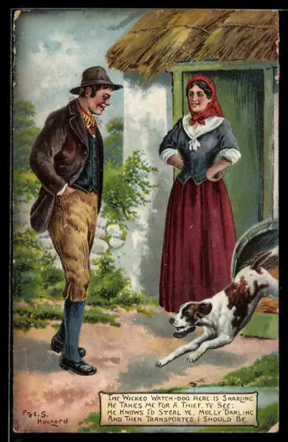 Künstler-AK sign. Fred S. Howard: Zwei Bauern treffen sich vor einer Hutte, ein Hund rennt vorbei