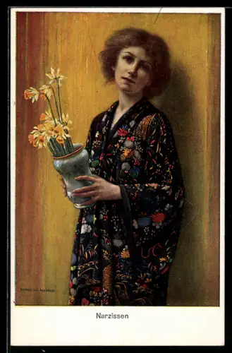 Künstler-AK sign. Georg v. Hoesslin: Hübsche Frau im Morgenmantel mit einer Vase Narzissen