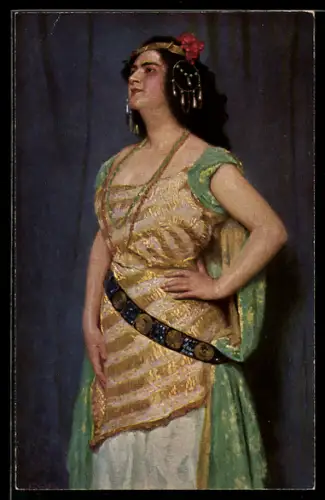 Künstler-AK Opernsängerin Eva Clairmont als Dalila im Kostüm mit Kopfschmuck