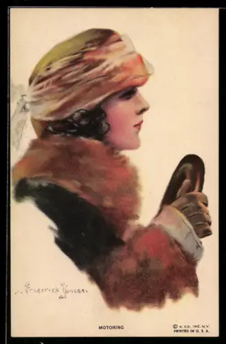 AK Frau mit Hut am Steuer eines Autos