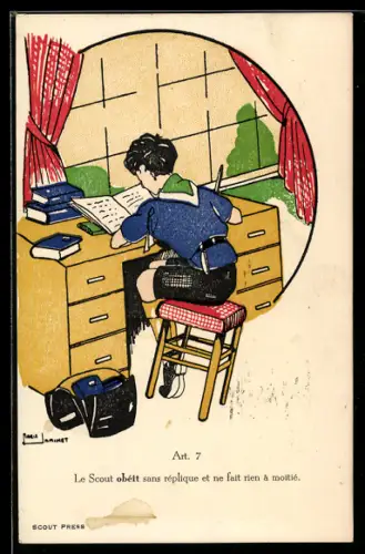 Künstler-AK sign. Marie Jarinet: Junge sitzt am Schreibtisch und erledigt seine Hausaufgaben