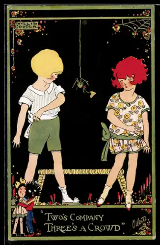 Künstler-AK sign. Phyllis Cooper: Zwei Kinder mit einer grossen Spinne zwischen sich