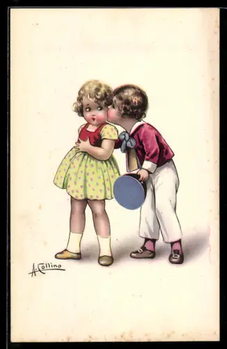 Künstler-AK sign. A. Collino: Junge küsst ein Mädchen auf die Wange