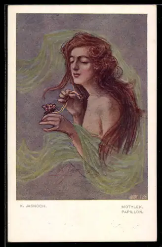 Künstler-AK sign. K. Jasnoch: Schöne Frau mit offenem Haar und einem Schmetterling auf der Hand