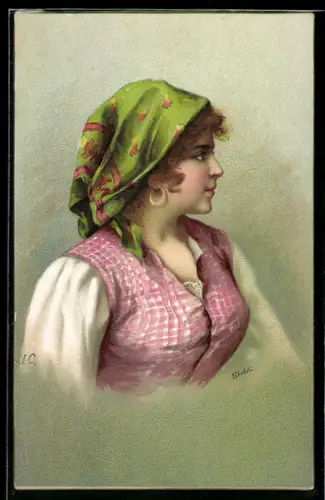 Künstler-AK sign. J.C.: Hübsche Frau mit Kopftuch im Profil
