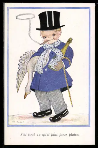 Künstler-AK sign. M. B. Cooper: Mann mit Gans und Sektflasche, J`ai tout ce qu`il faut pour plaire