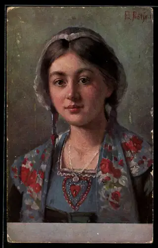 Künstler-AK sign. Friedr. Prölss: Hübsche Frau in Tracht und mit Halskette