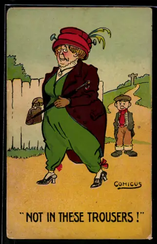 Künstler-AK sign. Comicus: Dame im Hosenanzug wird von einem Jungen beobachtet
